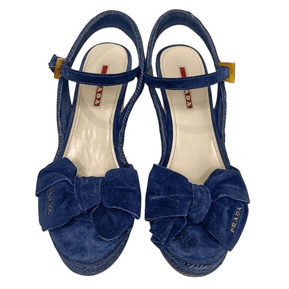 Prada Logo Blue Suede Bow Platform Espadrilles EU 37 Slingback Buckle Wedges - Picture 2 of 10